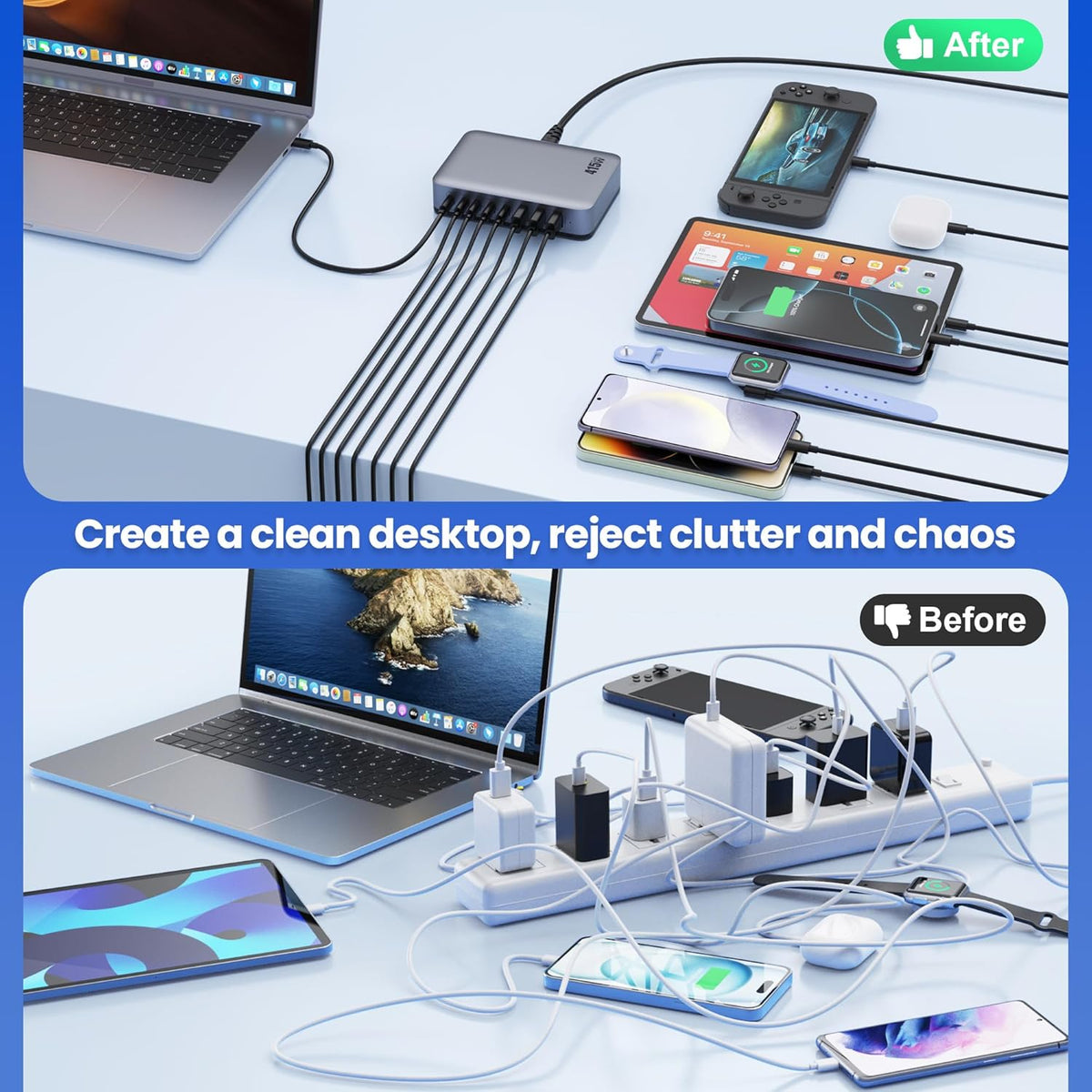 USB C Charger Block 515W[2025 Upgraded] GaN IV 8 Port Fast Charging Station Hub,Dual PD 100W USB C Laptop Charger Compatible with MacBook Pro/Air,iPad,iPhone 16/15,Galaxy S23/S24 Steam Deck Dell XPS