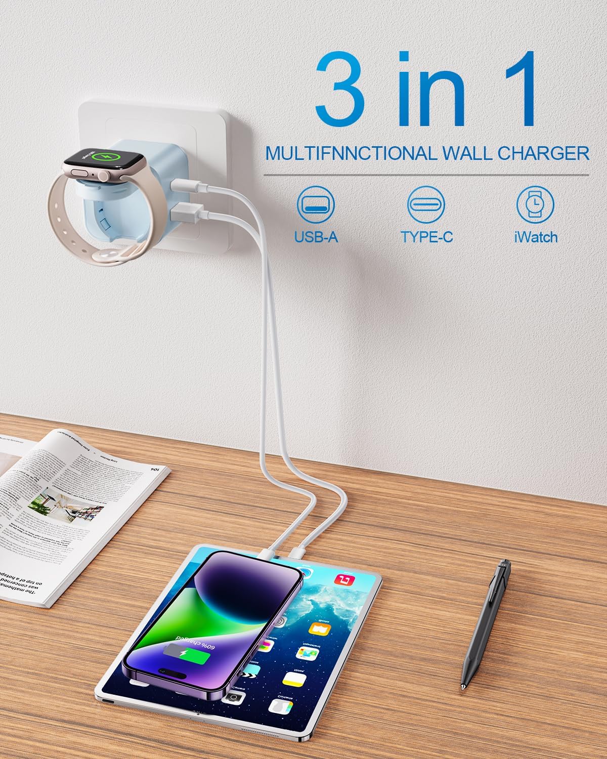 36W for Apple Charging Block with Built-in Watch Charger, Foldable PD Fast Charger Block for iPhone, Dual Ports Wall Charger Compatible with Apple Watch iPhone AirPods(Blue)