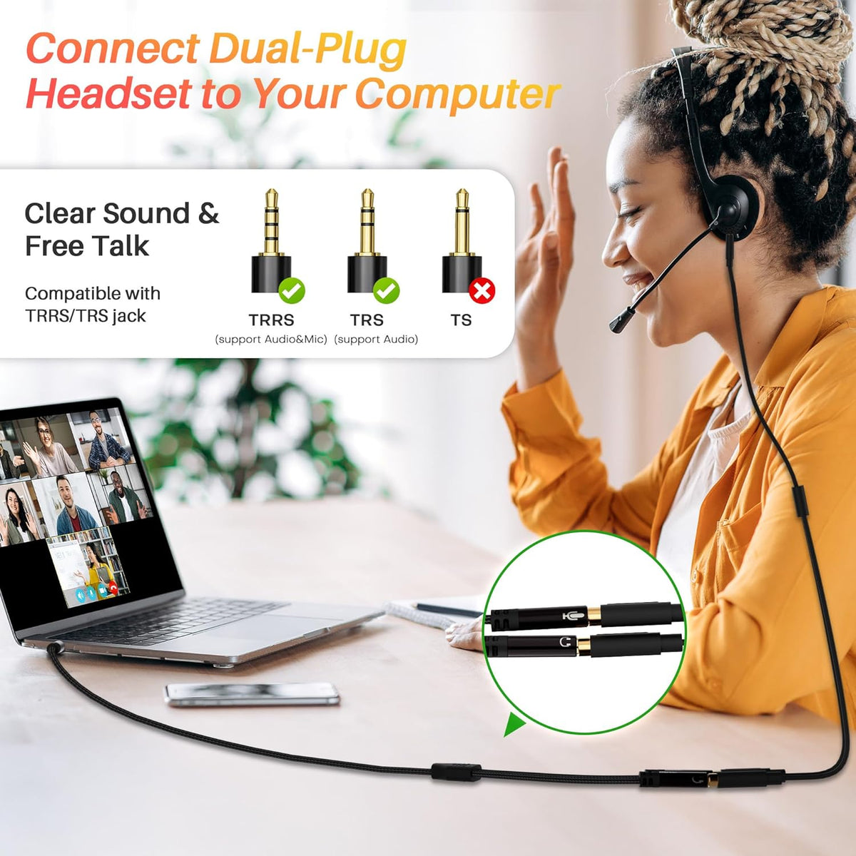 1/8inch Aux Headphone Splitter 2 Way Cable 6FT, 3.5mm 1 Male to 2 Female Mic and Audio Y TRRS Adapter, Compatible with Headset Earphone Switch 2/PS4/PS5 Steam Deck Xbox PC Laptop Phone Tablet Gaming