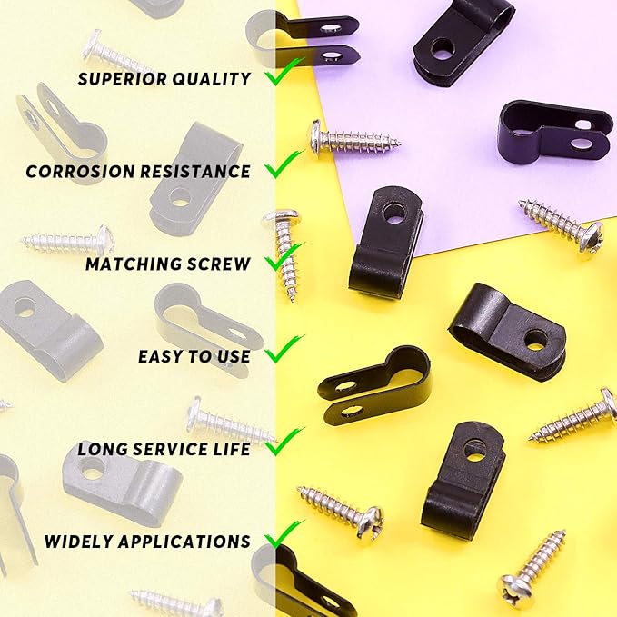 Swpeet 120 Pack Black 1/4 Inch Nylon Plastic R-Type Cable Clips Clamp Kit, Nylon Screw Mounting Cord Fastener Clips with 120 Pack Screws for Wire Management (1/4 Inch, Black)