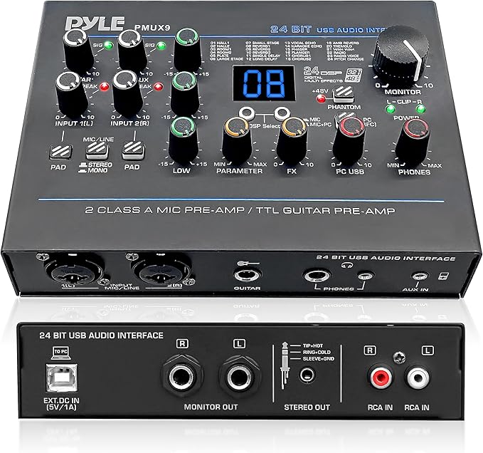 Pyle USB Audio Interface - MIC/LINE - Guitar - AUX Stereo & RCA Inputs - Preset 24 Digital Effects - Phantom Power - Phone/Stereo/Monitor/Headphone Outputs - For Computer Playing & Recording - PMUX9