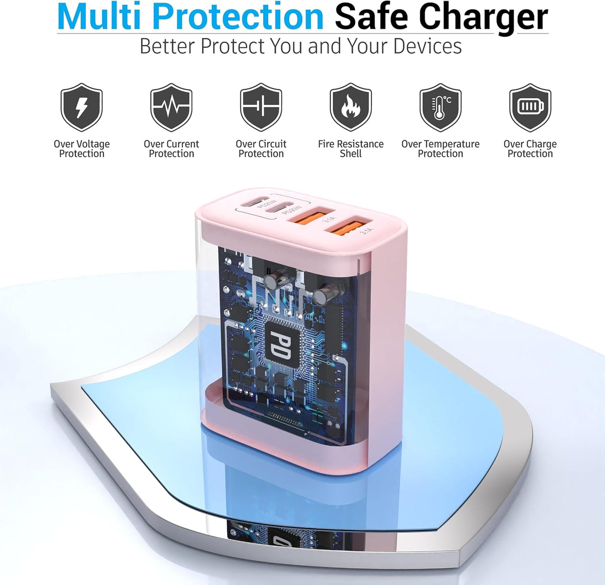 USB C Block 40W, 4 Ports Wall Plug Fast Charging Block, PD+QC Multiport Power Adapter USB C Charger Type C for iPhone 16,15,14,13,12,11, Pro Max, X, Xr, Xs, 8, 7, Watch, Galaxy Phones (Pink 1Pack)