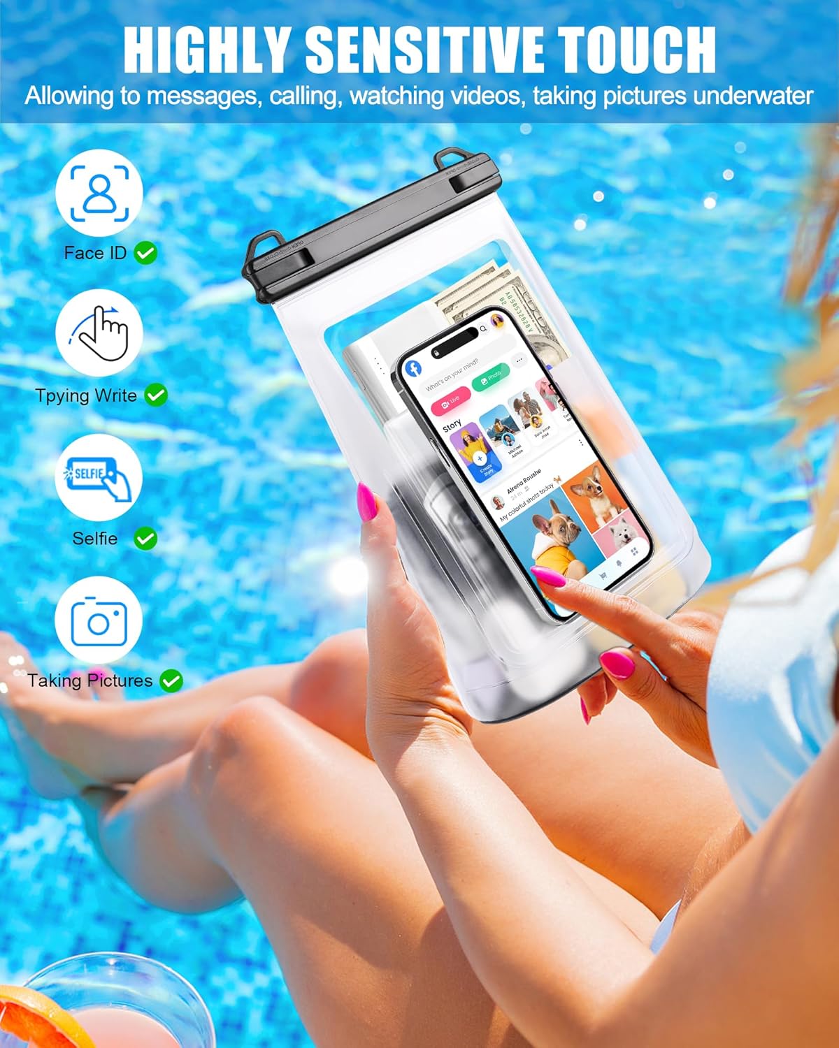 2L Waterproof Phone Pouch for iPhone 16 15 14 11 Pro Max & Galaxy S24 S21 - Floating Large Capacity Dry Bag Stores Sunscreen, Sunglasses - Oversized Waterproof Bag for Beach, Swimming, Kayaking