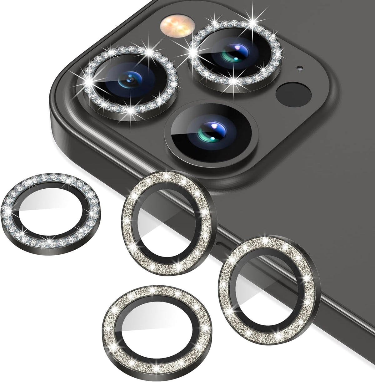 AGVEE 3+3 6 Pack for iPhone 12 Pro Max 6.7" Camera Lens Cover Protector, Bling Diamond & Bling Glitter Metal Ring 9H Tempered HD Glass Camera Cover Protector Film, Bling-Black