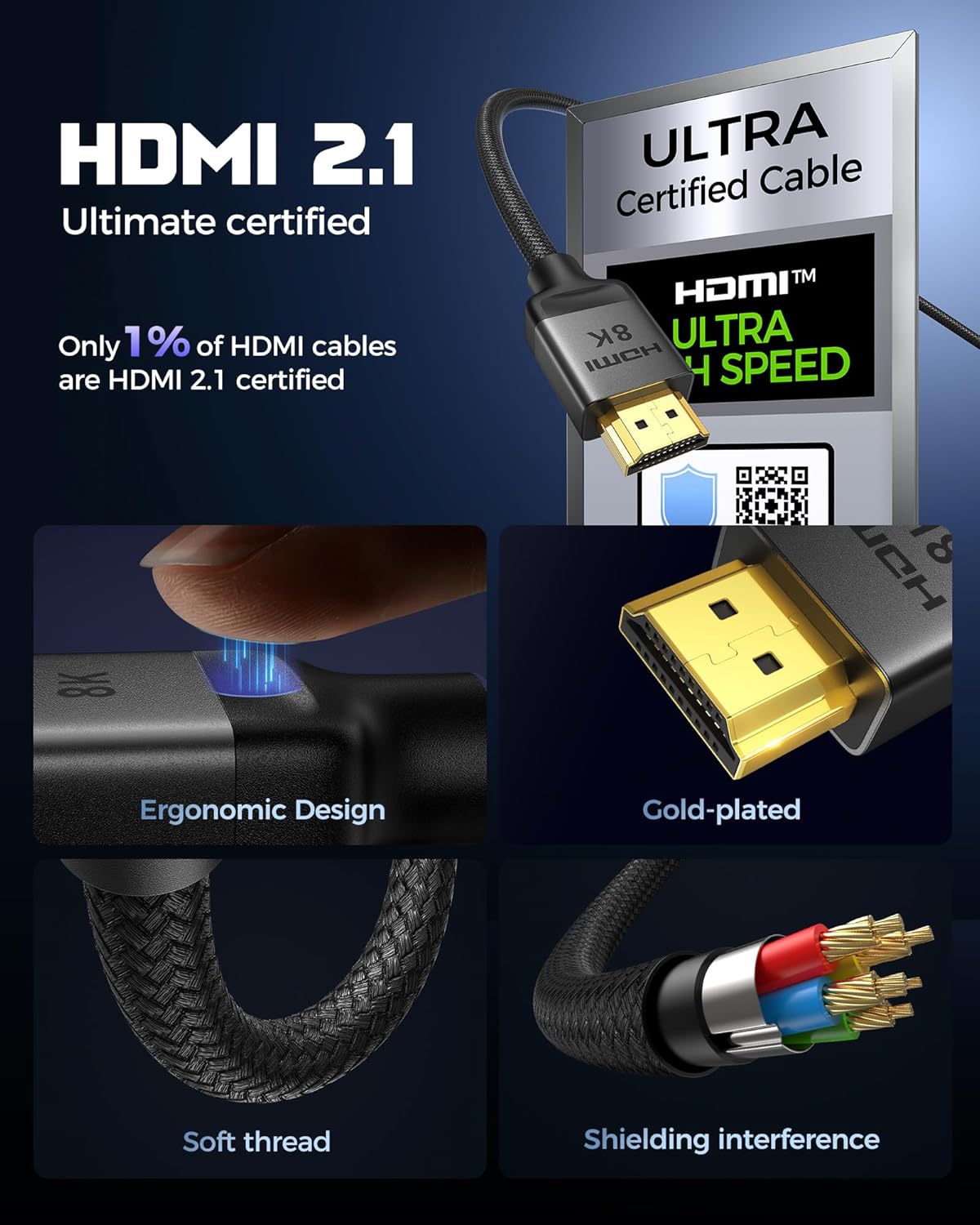 Silkland 10K 8K HDMI 2.1 Cable 2-Pack 3.3FT, Certified Ultra High Speed HDMI 2.1 Cable [8K@60Hz, 4K@120Hz] eARC/ARC, Dolby Atmos Vision, 48Gbps, HDR, HDCP Compatible for Samsung/Vizio/SoundBar/BluRay