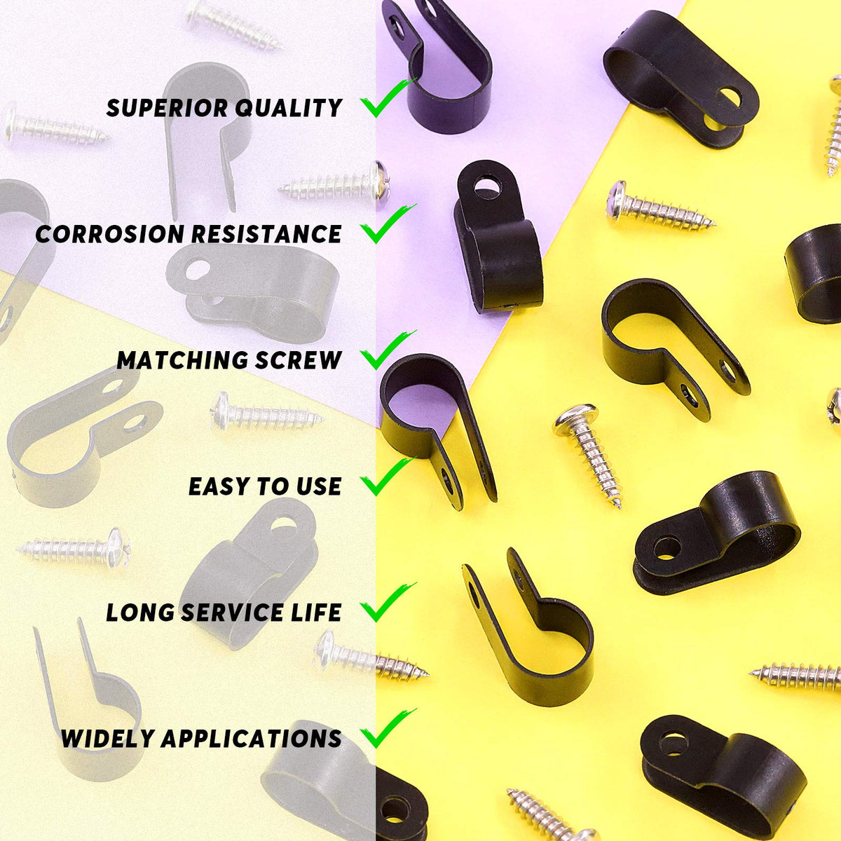 Swpeet 120 Pack Black 3/8 Inch Nylon Plastic R-Type Cable Clips Clamp Kit, Nylon Screw Mounting Cord Fastener Clips with 120 Pack Screws for Wire Management (3/8 Inch, Black)