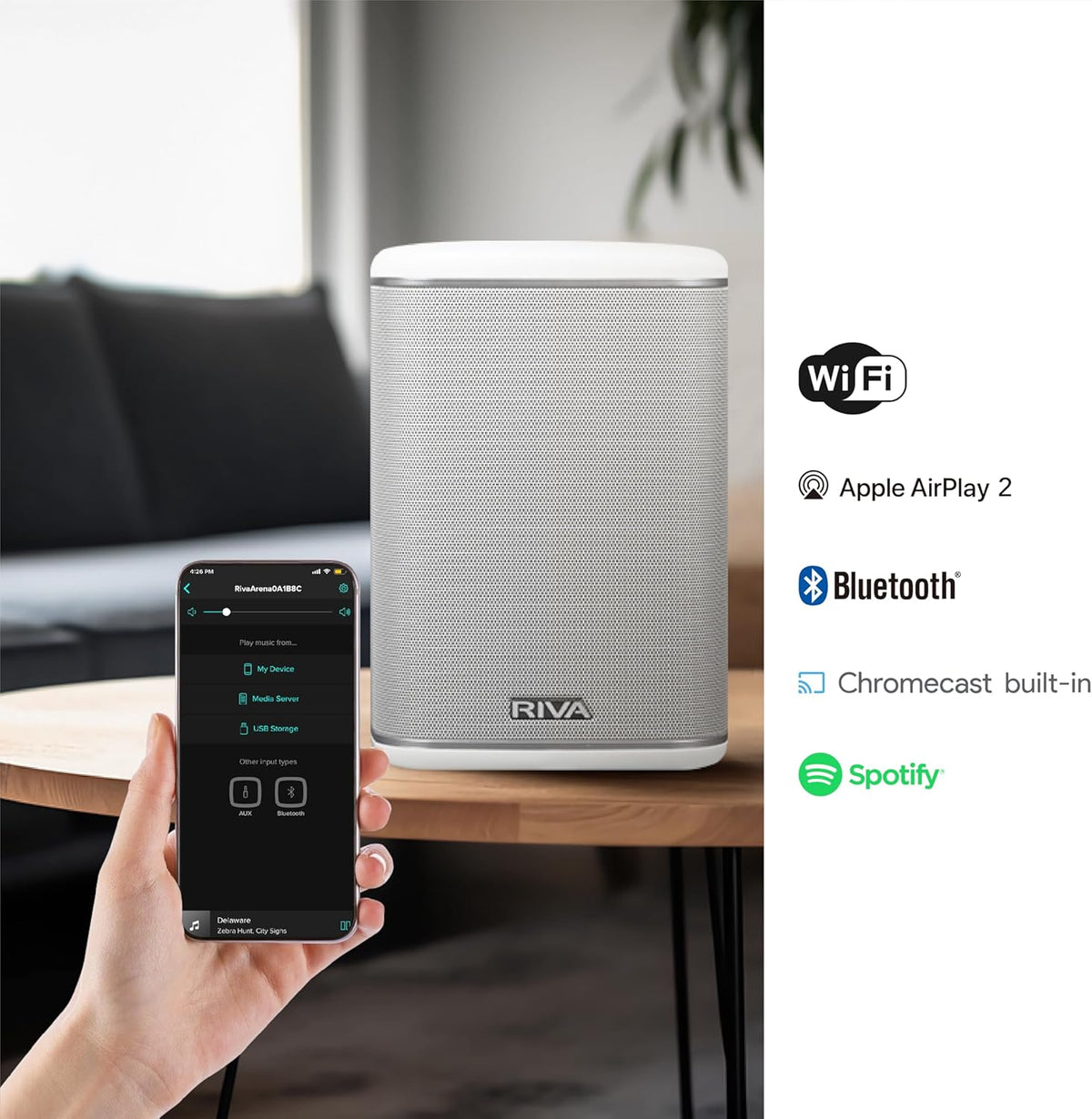 RIVA Upgraded Arena Wi-Fi Bluetooth Hi-Fi Speaker, 6 Drivers, 50W, Multiroom Music System, Supports Airplay 2, Chromecast, Spotify, Tidal and More Streaming (White)