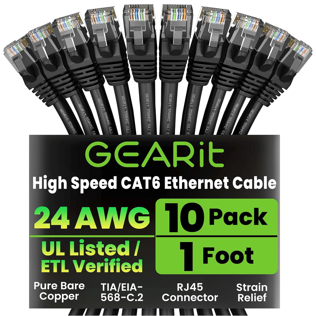 6 1 (10 Pack) Cat6 1ft 10Gbps 550MHz 24AWG RJ45 GEARit Cat Ethernet Patch Cable ft Black Patch Cables Black/Ethernet