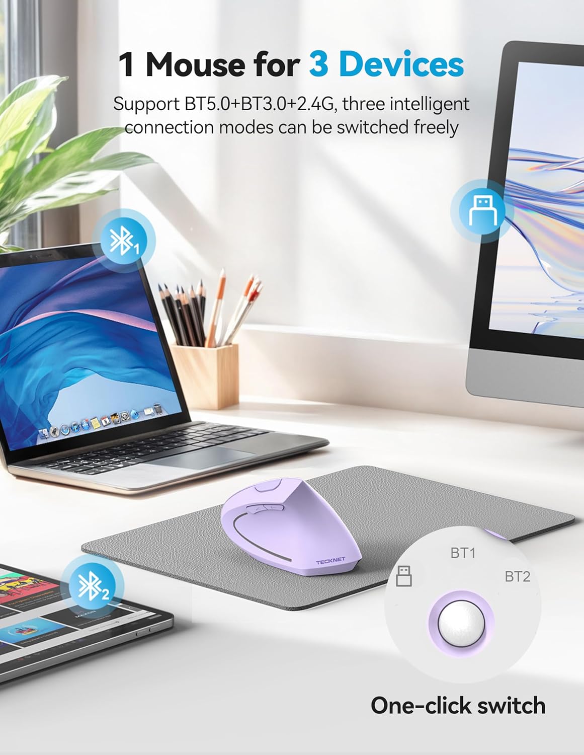 TECKNET Ergonomic Mouse, Rechargeable 2.4G+Bluetooth Vertical Mice 6 DPI Adjustable, Wireless Optical Carpal Tunnel Mouse for Right Hand, Silent 6 Buttons for Laptop, PC, MacBook, iPad - Light Purple