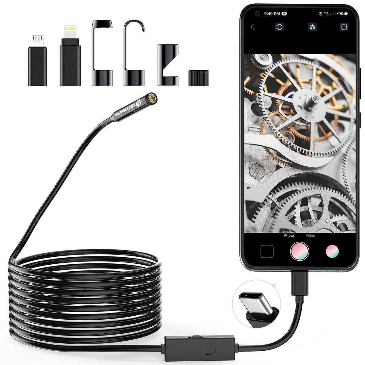 1920P Endoscope Snake Inspection Camera, Lightswim Type C Borescope, Scope Camera with 8 LED Lights for Android and iOS Smartphone, iPhone, iPad