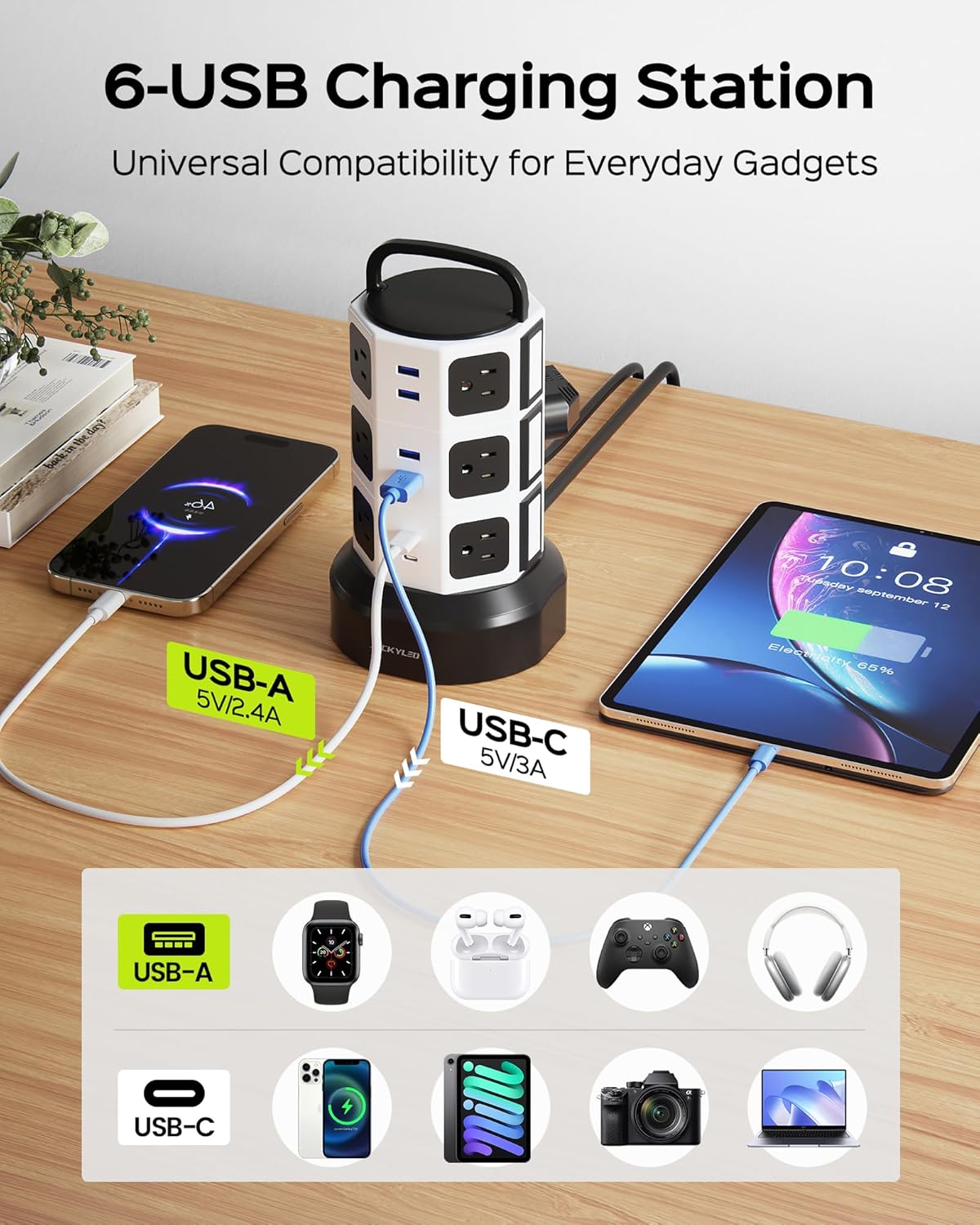 【10ft】 Power Strip Tower JACKYLED Surge Protector Electric Charging Station with 13A 12 Outlets 6 USB Ports Heavy Duty Extension Cord for Home Office Computer Nightstand Laptop Phone White Black