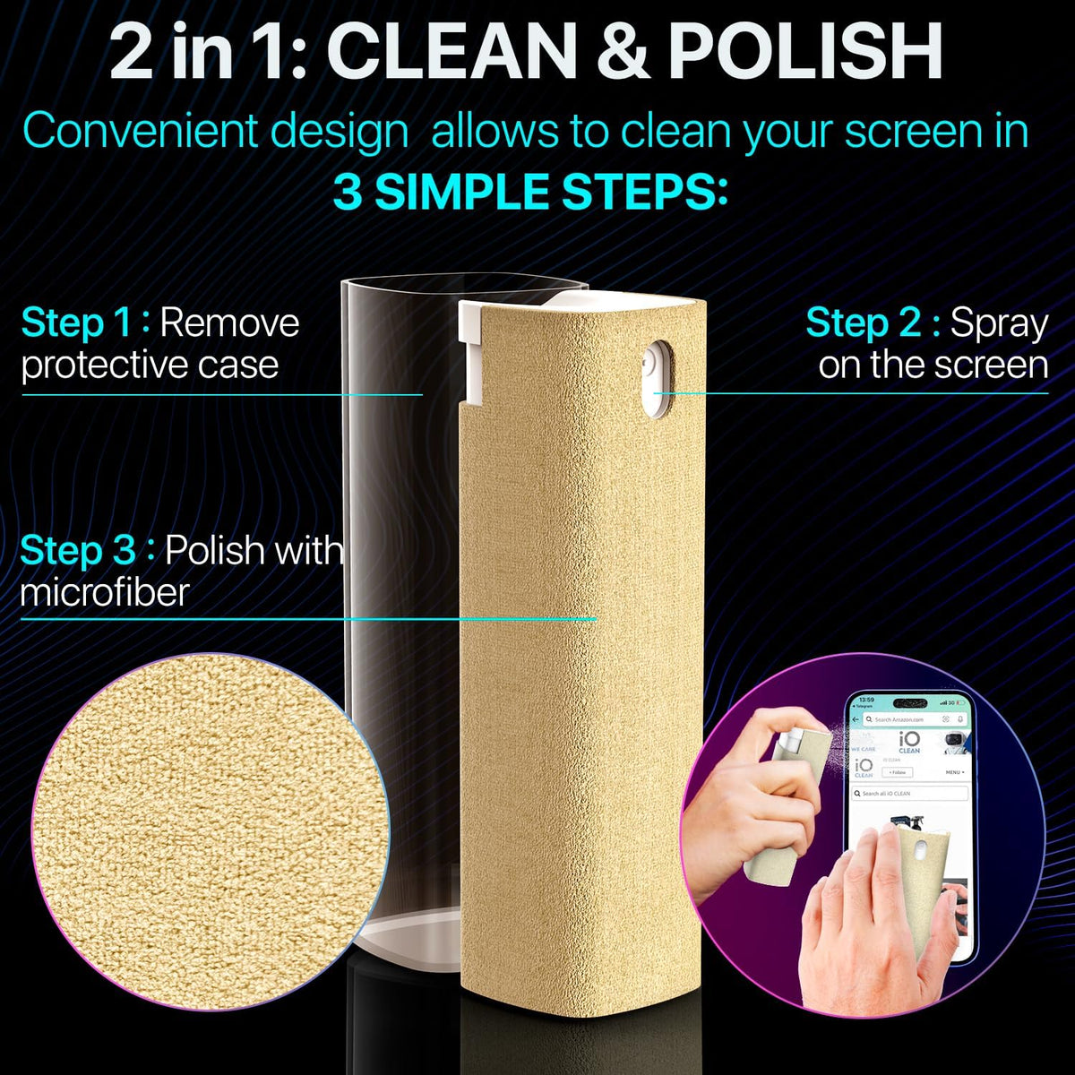 Mini Screen Cleaner Spray – Finger Proof Screen Cleaner for Smartphones, iPads, MacBooks, Laptops, Car Screens, Touchscreens – 3 in1 Mist Cleaner, Microfiber Cloth and Protective Cover (Grey)