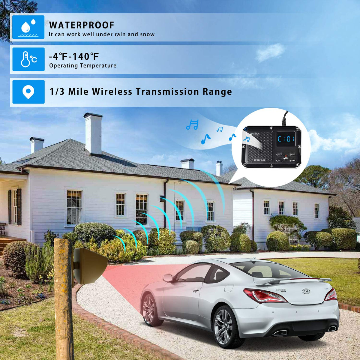 Solar Driveway Alarm Wireless Outside 1800ft Range, Outdoor Motion Sensor & Detector Driveway Alert System with Rechargeable Battery/Weatherproof/Mute