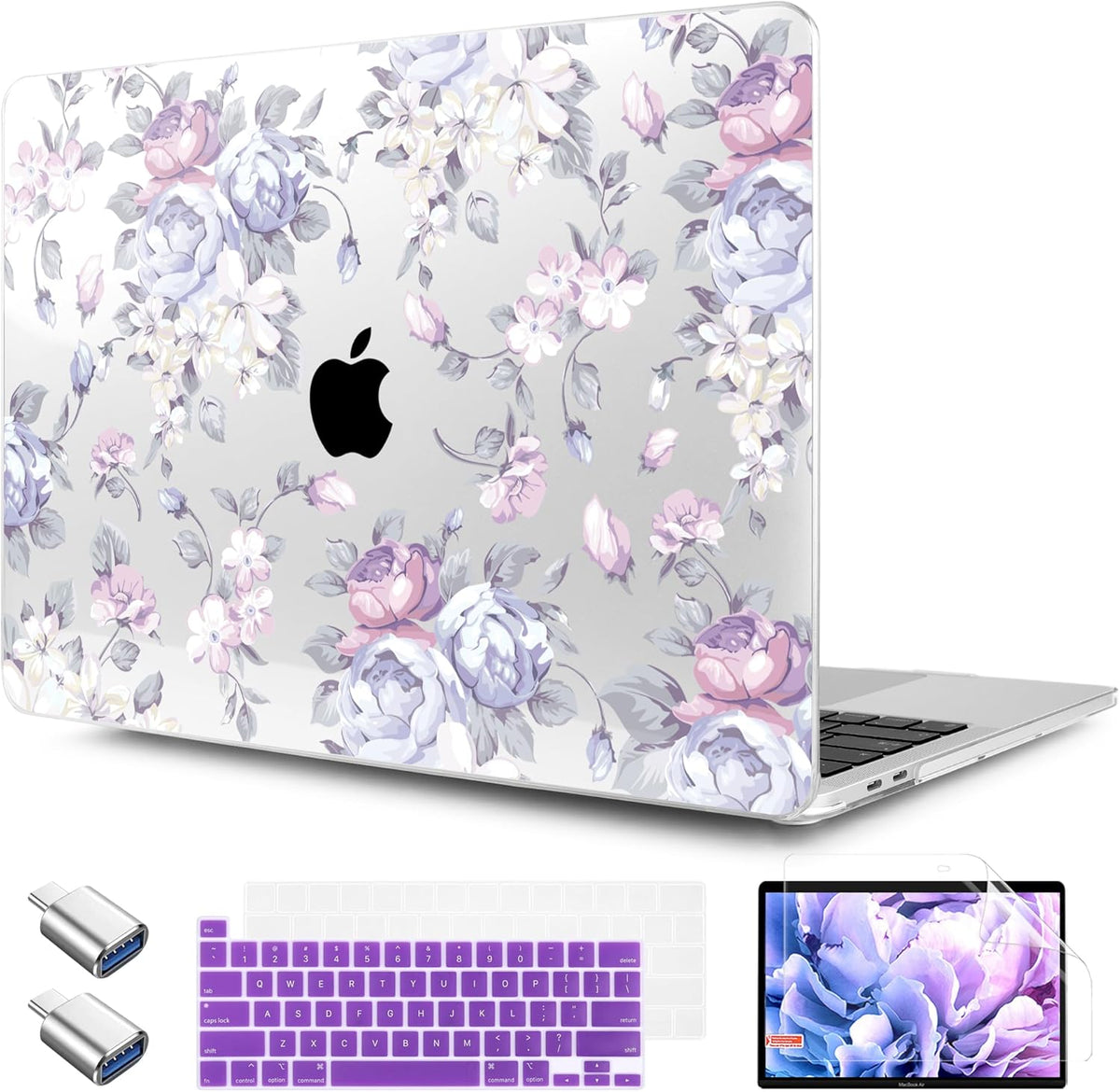 TWOLSKOO Compatible with MacBook Pro 13 inch Case 2023-2016 A2338 M2/M1 A2251 A2289 A2159 A1989 A1706, Plastic Hard Shell Cover & Keyboard Skin & Screen Protector, Purple Peony
