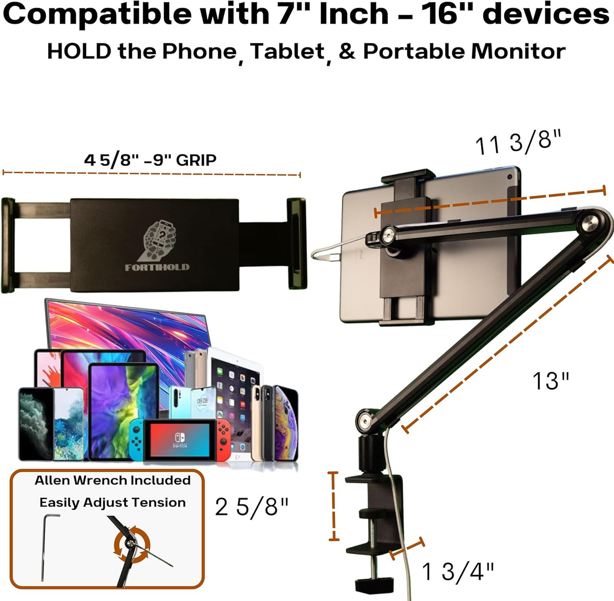 Portable Monitor Stand 16 Inch - Heavy Duty Aluminum Adjustable Monitor Mount with Articulating Arm, 360° Rotation, Cable Management - Professional Desk Setup for Tablets, Phones 4.7-16"