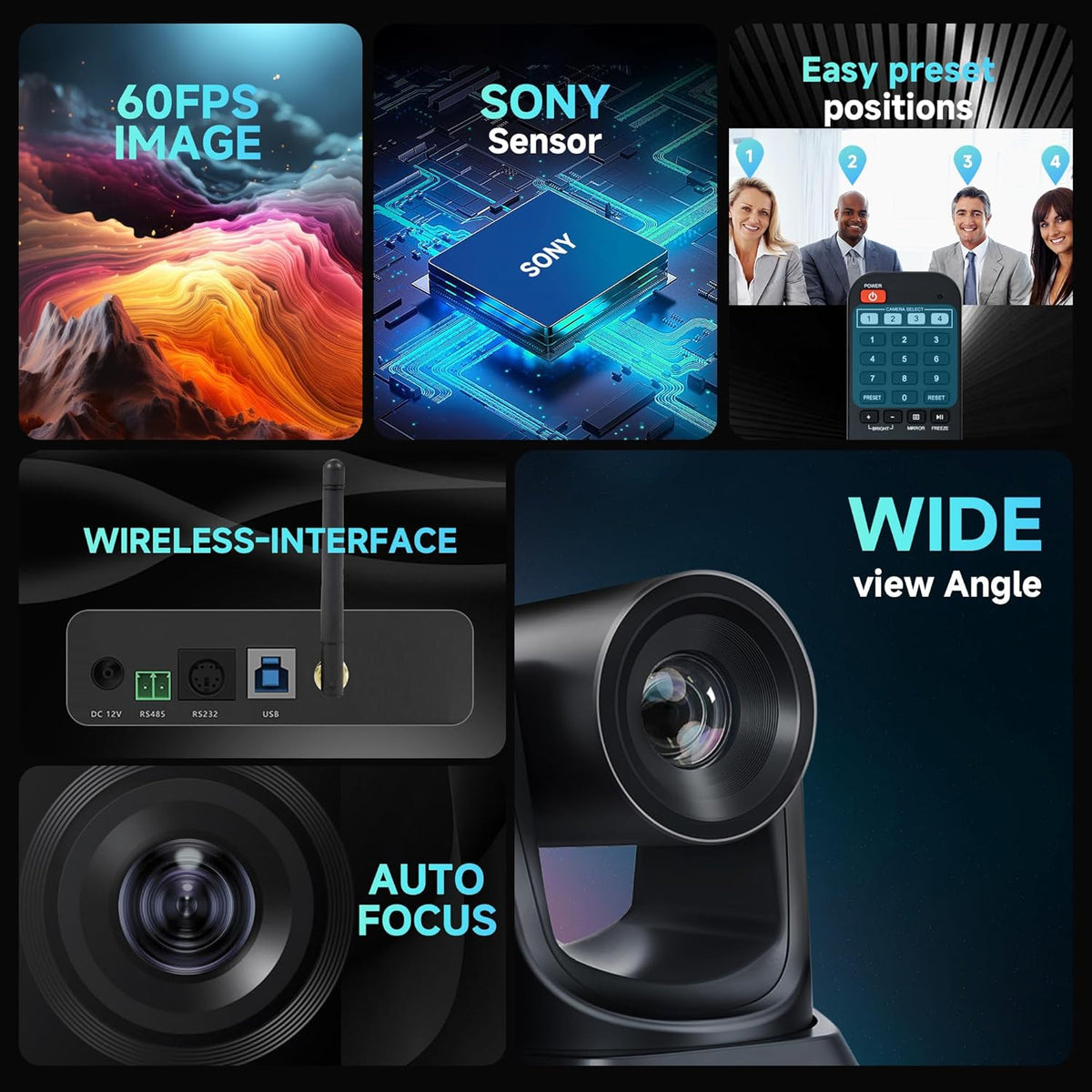 5.8GHz Wireless Conference Room Camera System | 3X 60fps PTZ Camera with Bluetooth Microphone, 50ft Range, Compatible with Zoom, OBS - Easy Setup for Worship and Online Meetings