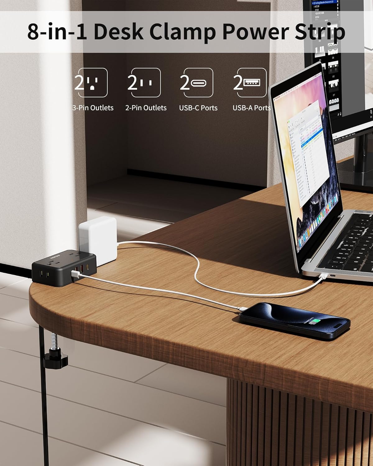 HOPOW 4 4 (2 10Ft 2.75" Desk Clamp Power Strip, Desktop Mount Charging Station with Outlets USB Ports USB C), Under
