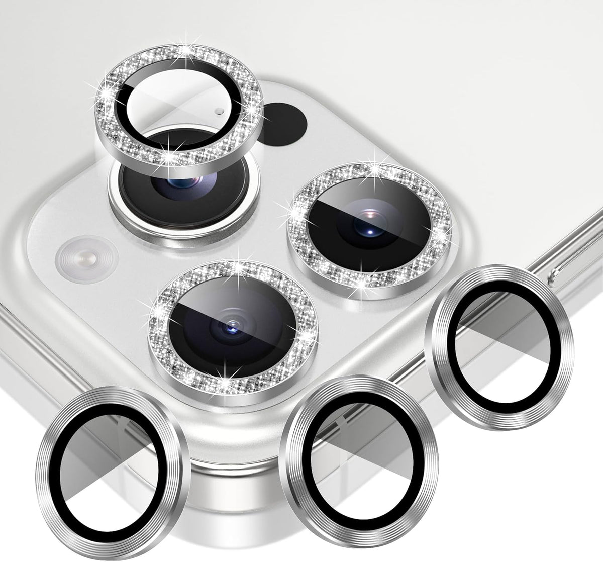 AGVEE 3+3 6 Pack for iPhone 16 Pro 6.3" / 16 Pro Max 6.9" Camera Lens Cover Protector, Bling Glitter & CD-Textured Metal Ring 9H Tempered HD Glass Camera Cover Protector Film, Glitter-Silver