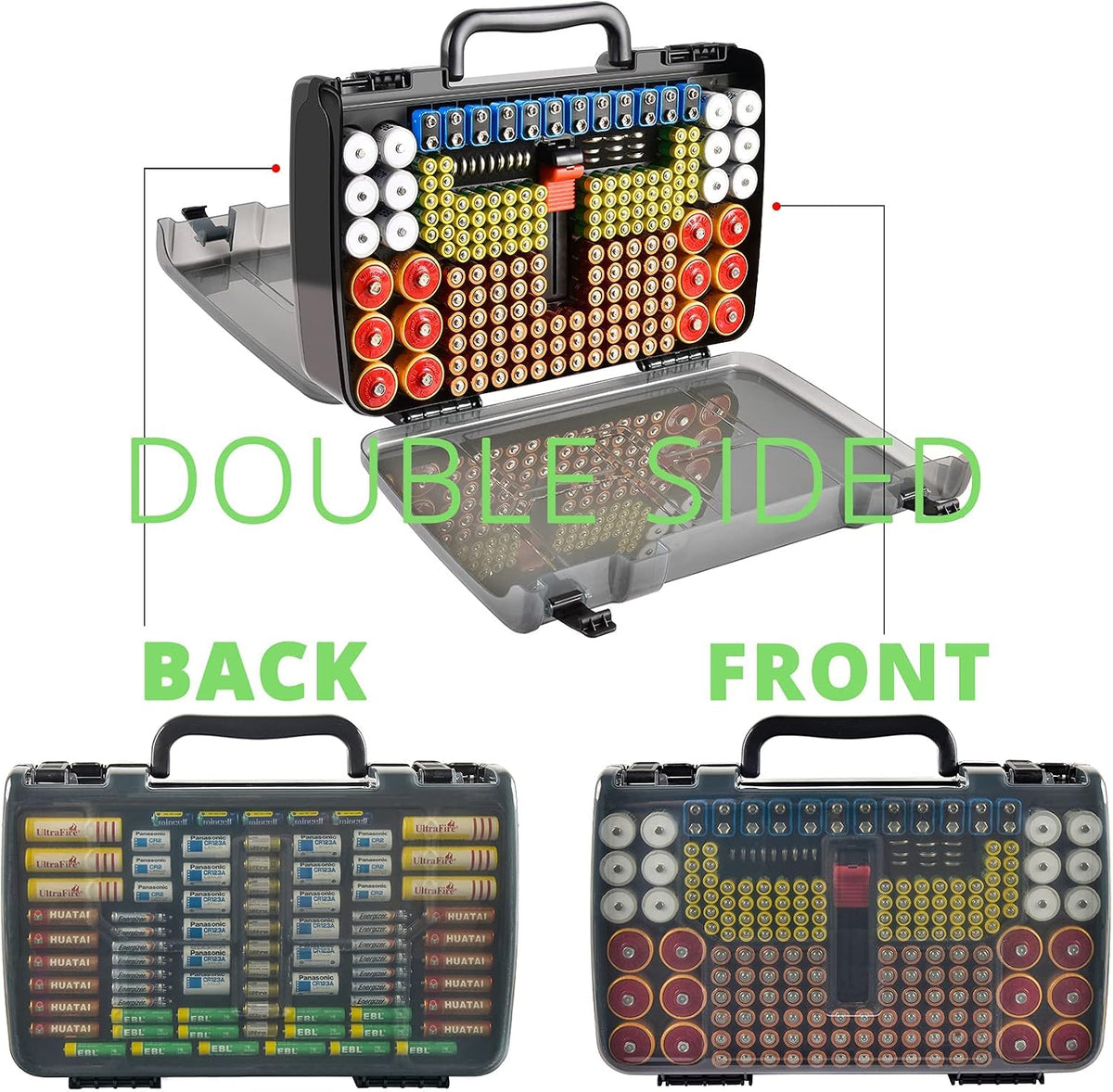 269 4A 9V 3V LR44 CR2 CR123 CR1632 18650 Battery Organizer Storage Case with Tester, Holds Batteries Double Sided Box