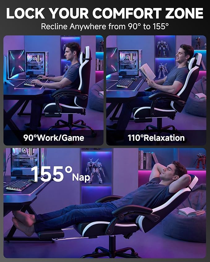 GTPLAYER Gaming Chair Ergonomic Game Computer Chairs with Foot Rest for Adults Adjustable PC Game Chair with Reclining Function and Comfortable Headrest for Home and Office Use (White)