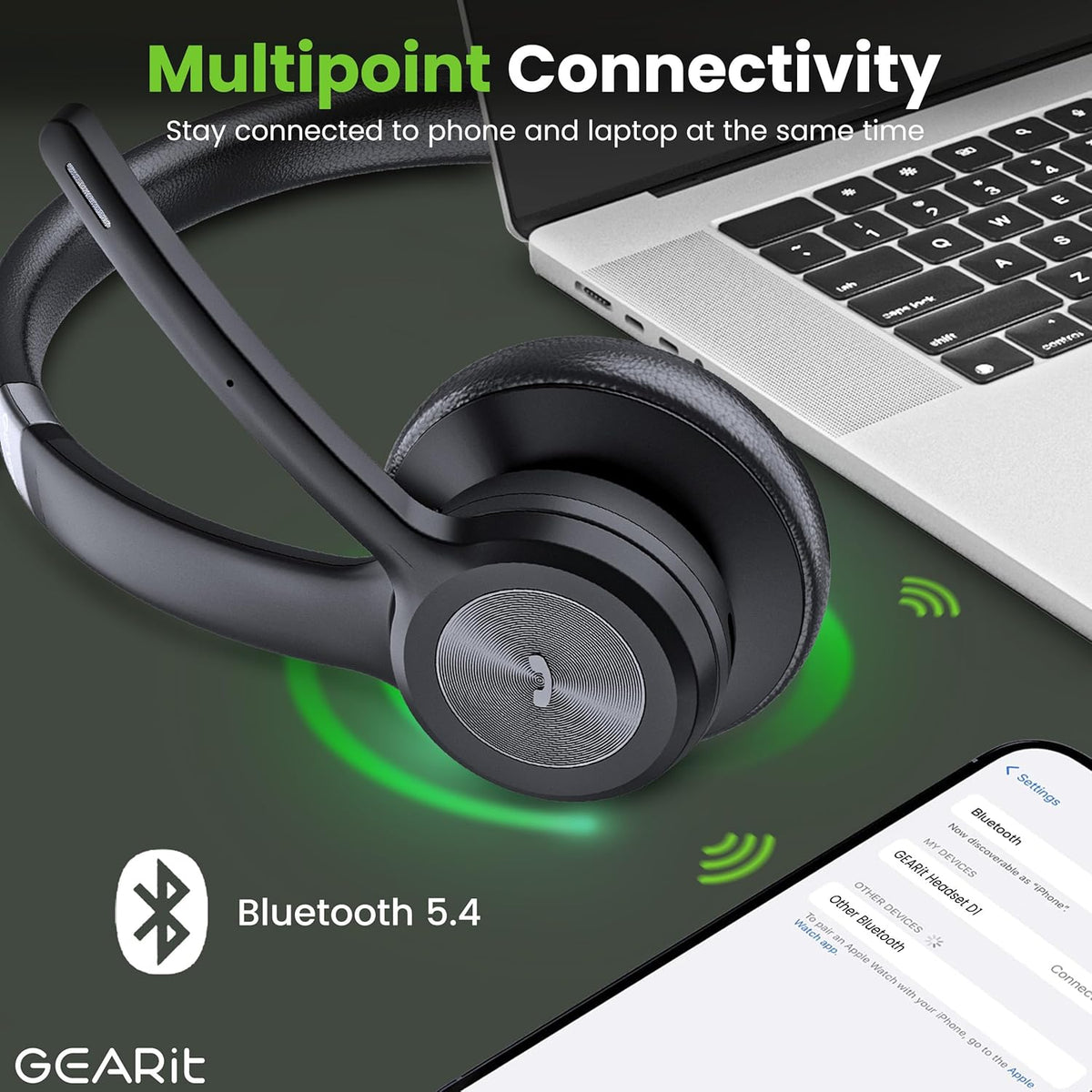 GEARit Wireless Headset with Mic - Stereo 5.4 Bluetooth Headphones with Advanced AI Noise Cancelling Microphone for Work, Home, Computers & Phone Calls - Dual Connect, PC Headset with Mute Button
