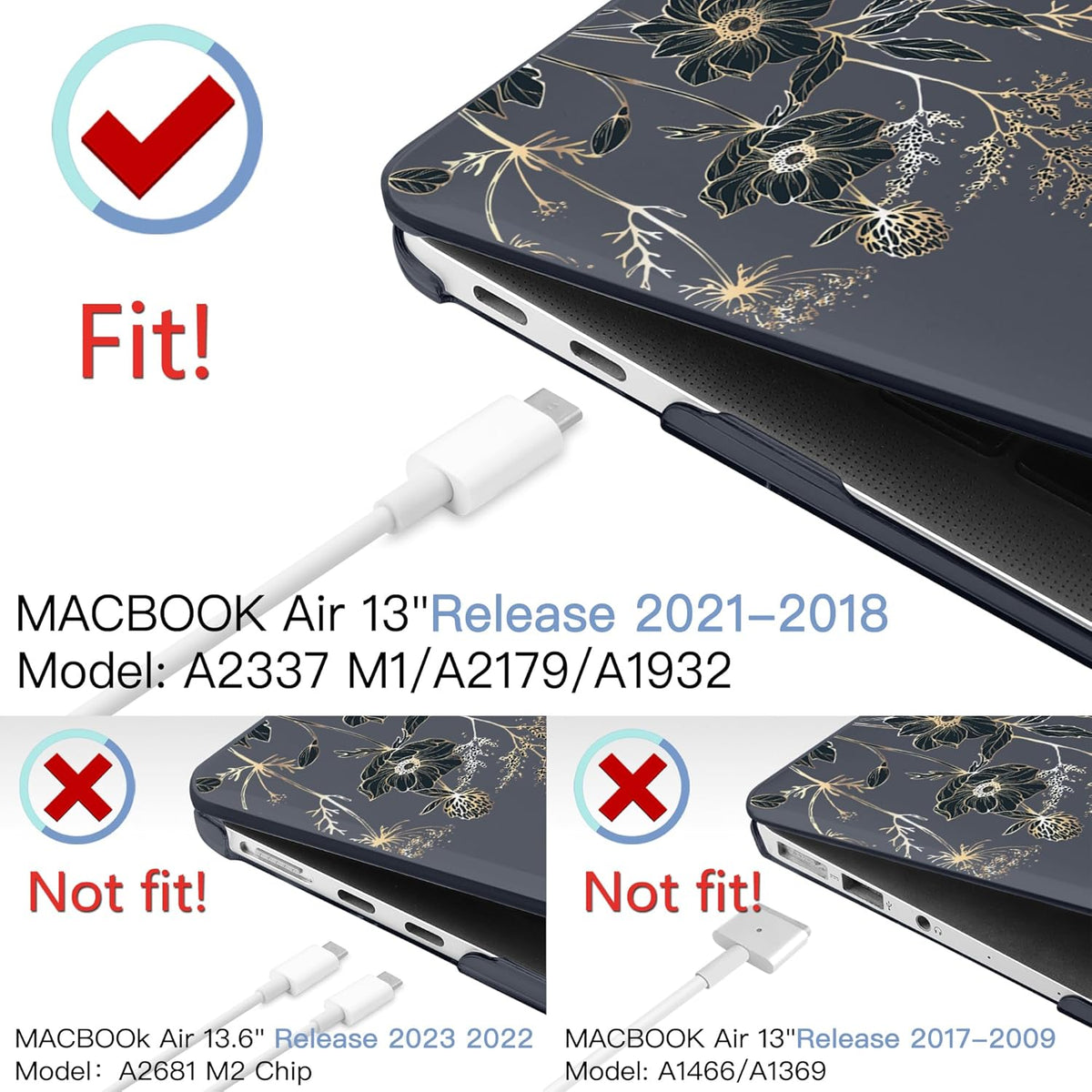 MEEgoodo for MacBook Air 13.3 inch Case 2021 2020 2019 2018 A2337 M1 A2179 A1932, Case for MacBook Air M1, Hard Shell with Keyboard Webcam Cover & Trackpad Film & Type C Adapter,Golden Flowers & Herbs