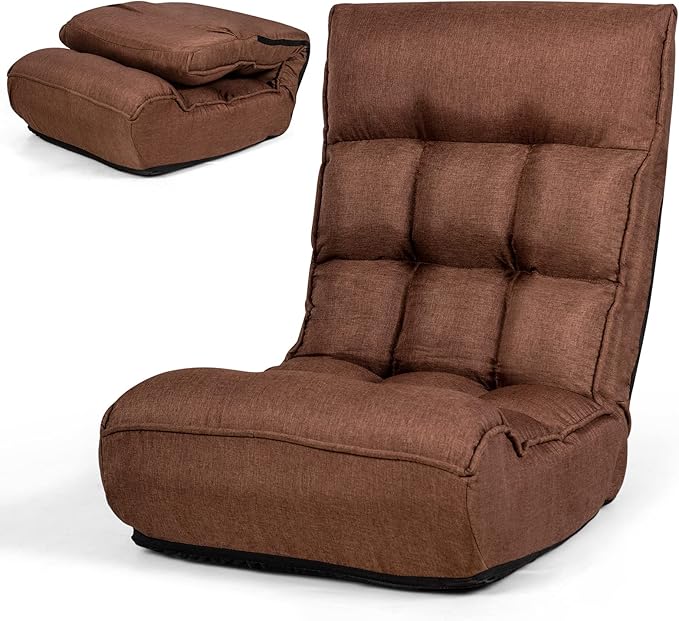 MAT EXPERT Folding Floor Chair Floor Gaming Chair w/ 4-Position Backrest 5-Position Adjustable Headrest Side Pocket Indoor Floor Chair w/Back Support for Bedroom Living Room (Coffee)