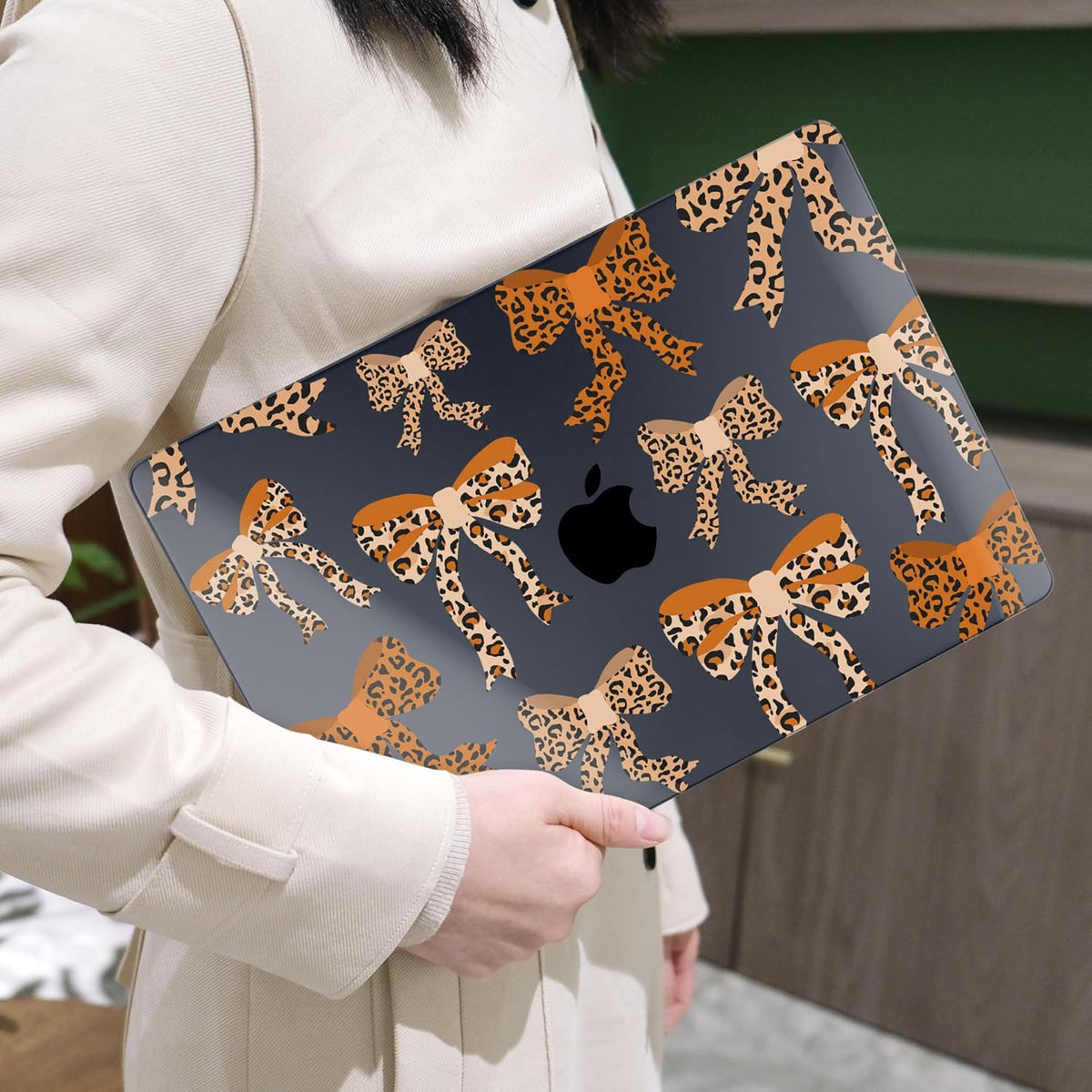 MEEgoodo for MacBook Air 13 inch Case 2021 2020 2019 2018 A2337 M1 A2179 A1932 with Touch ID, Plastic Hard Shell & Keyboard Cover Compatible with MacBook Air Case 13.3,Ribbon Bow with Leopard Skin