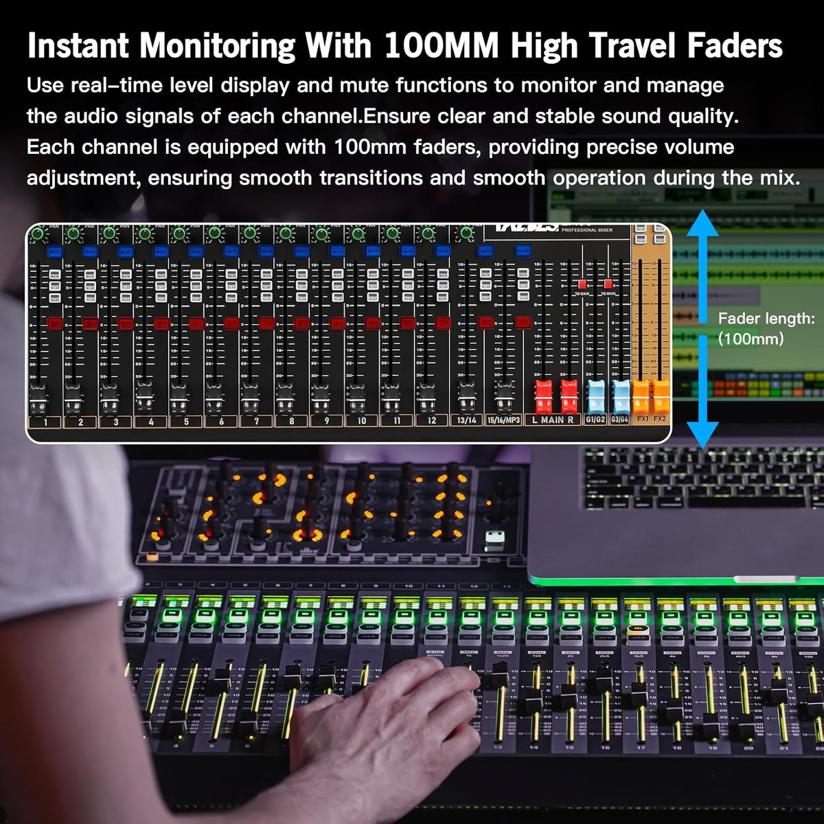 Professional Audio Mixer, 12 Channel Sound Board Mixing Console, Dual DSP Reverb Studio Mixer Board, Dual 7-Band EQ, 48V Phantom Power, 4 Group Stereo Output Input, PAD