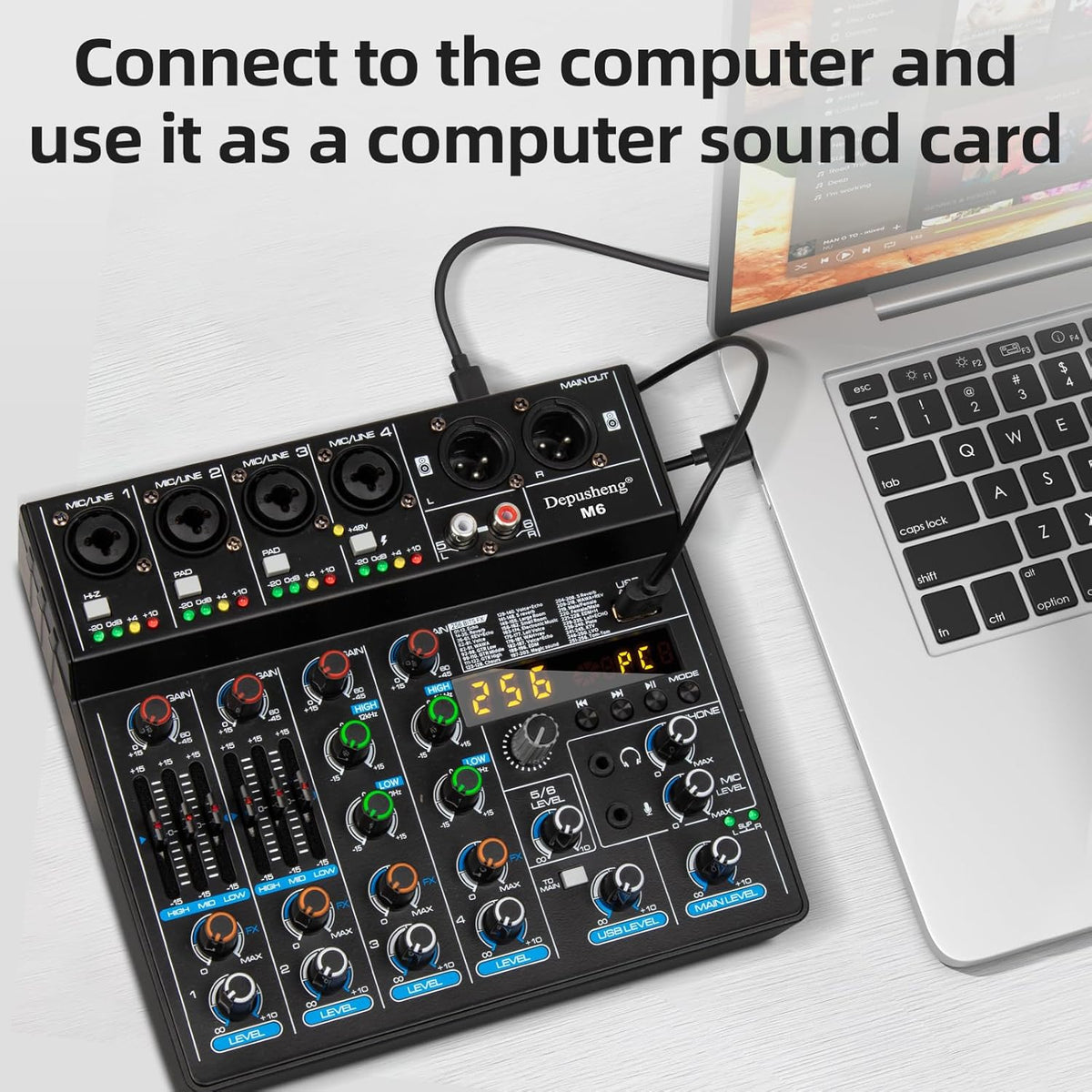 Depusheng M6 Portable Mini Mixer 6-Channel Audio Mixer DJ Console with Sound Card, Bluetooth Function, USB, 48V Phantom Power for PC Recording Webcast Party with 256 DSP