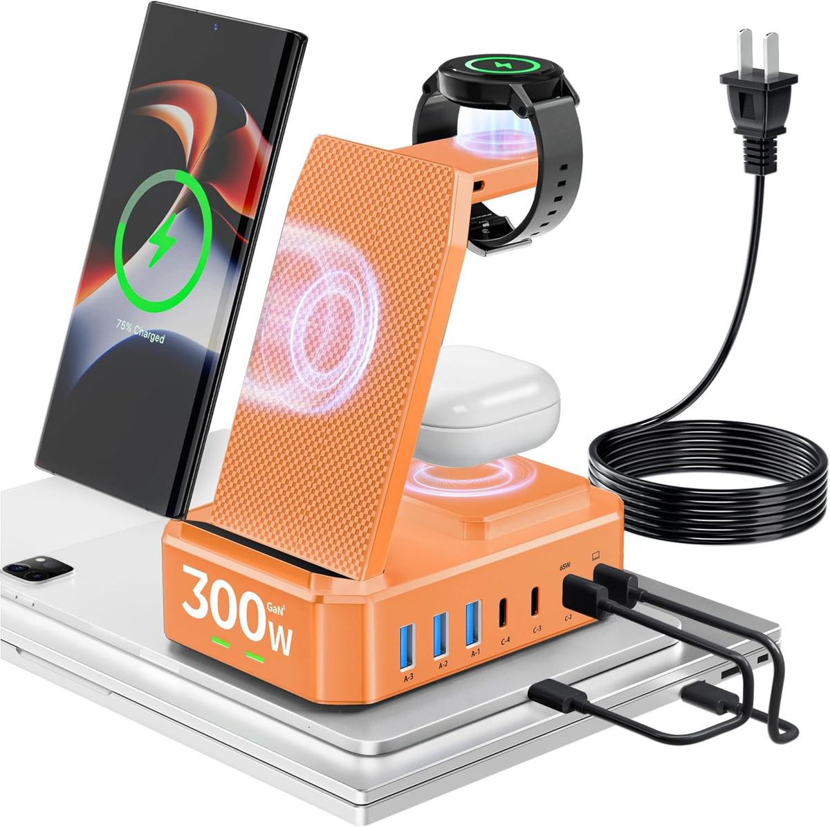 300W Wireless Charger for Samsung,Zutspzss 10 in 1 Wireless Charging Station, 65W USB C Fast Charging Stand for Samsung S25 Ultra/S24/S23/S22/Z Fold,Galaxy Watch Ultra7/6/5,Galaxy Buds,Orange
