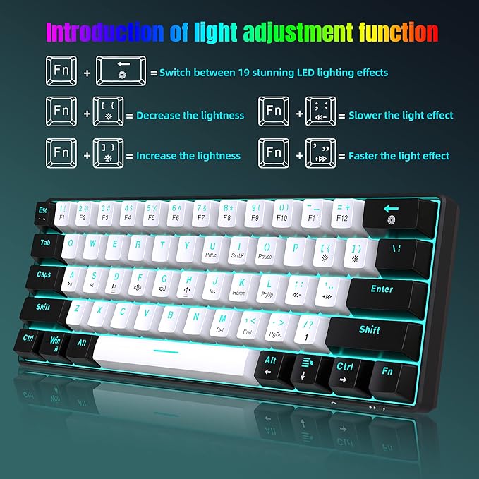 Snpurdiri 60% Wired Mechanical Gaming Keyboard Ice Blue LED Backlit 61 Keys Mini Wired Office Keyboard for Windows Laptop PC Mac (Black-White Red Switches)