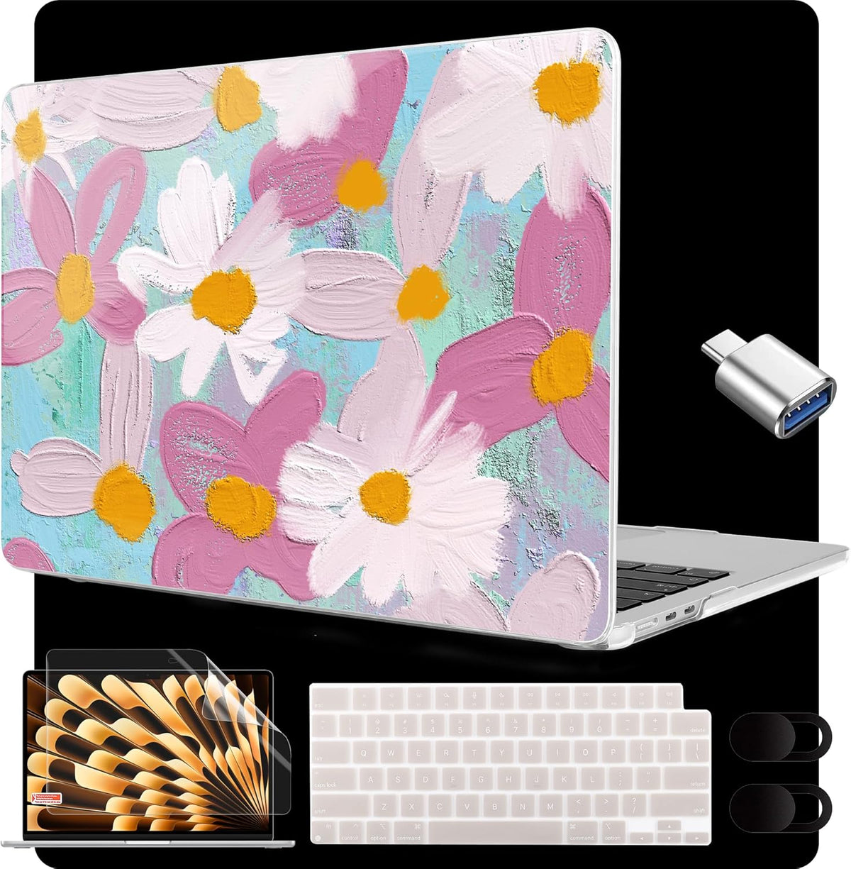 MEEgoodo for M4/M3/M2 MacBook Air 15.3 inch Case 2025 2024 2023, Case Fit Model (A3241/A3114/A2941) for MacBook Air 15 inch, Laptop Hard Shell with Keyboard Cover, Art Plants Floral