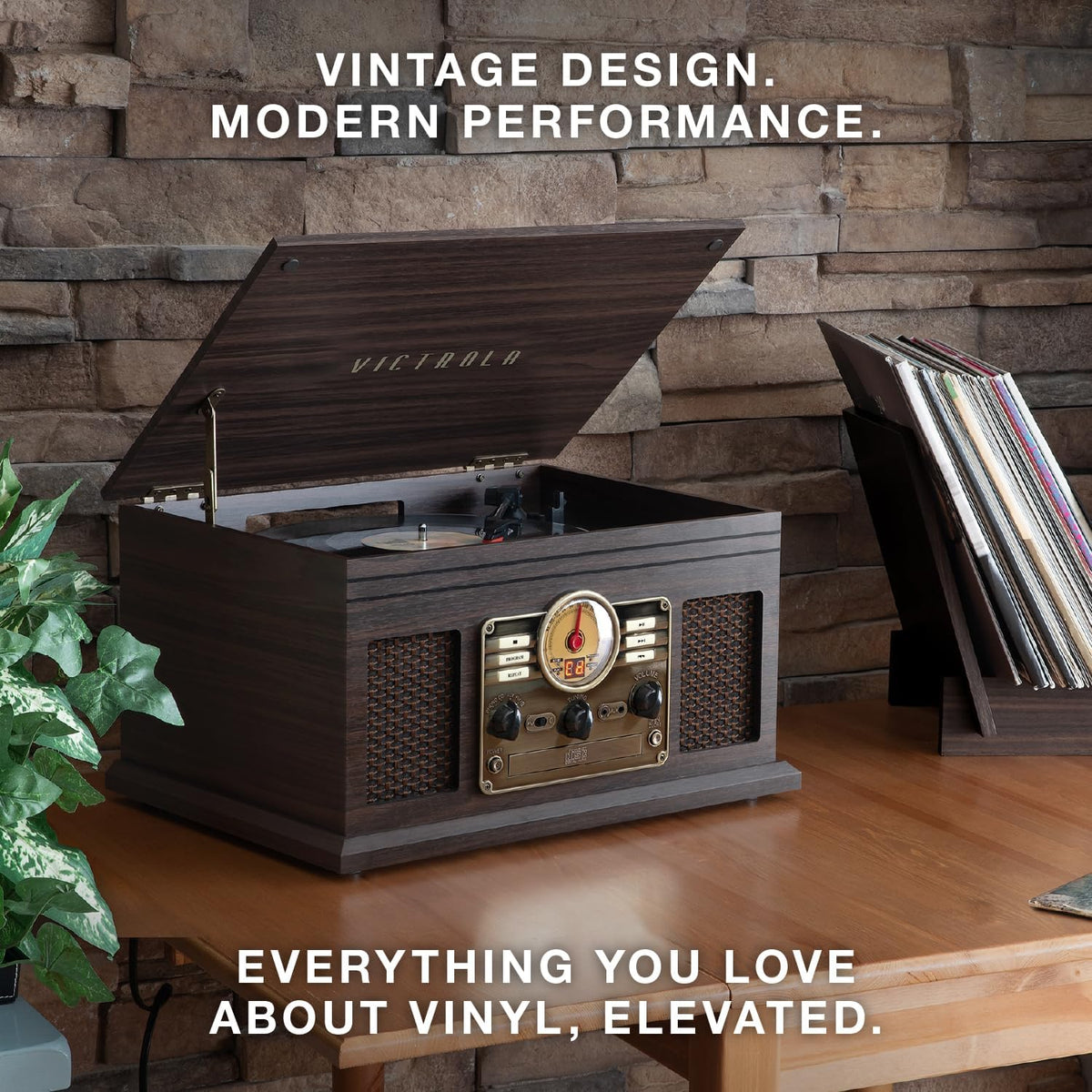 Victrola The Quincy 6-in-1 Bluetooth Record Player & Multimedia Center with Built-in Speakers – 3-Speed Turntable, CD & Cassette Player, AM/FM Radio, Wireless Music Streaming (Natural)