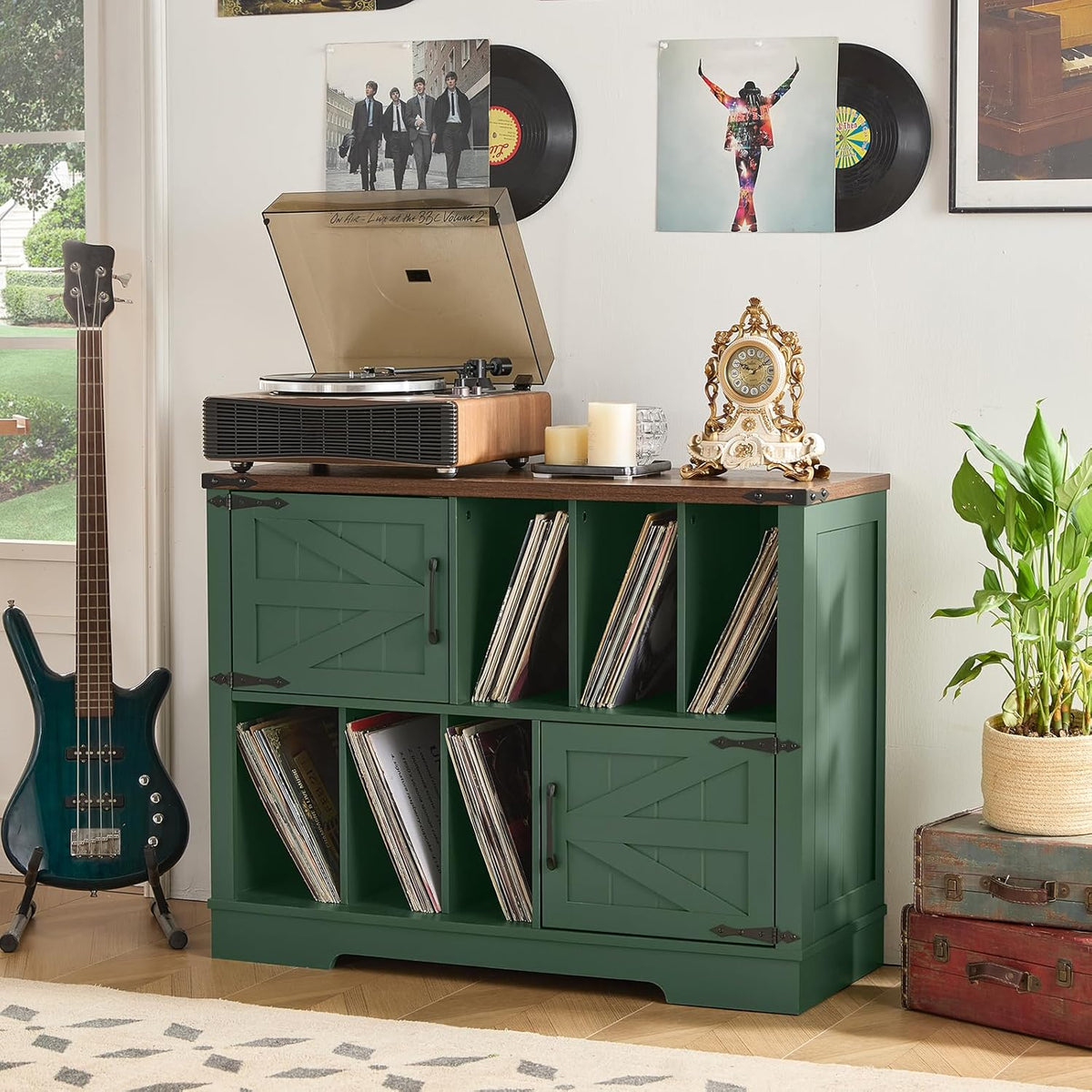 Large Record Player Stand with Vinyl Storage Up to 450 Albums, 39 Inch Farmhouse Wood Green Vinyl Records Storage Cabinet with Barn Doors, Mid-Century Accent Turntable Stand for Living Room