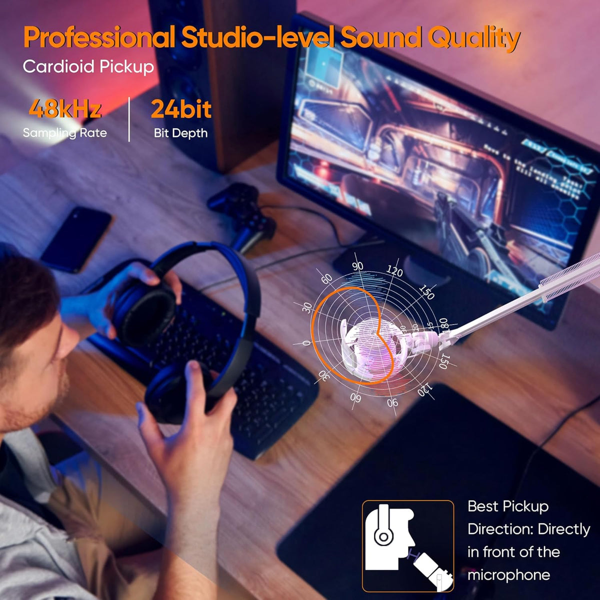 Comica EJoy Uni Pro Wireless USB Condenser Gaming for PC, PS4, PS5, USB C Phone and Mac, Boom Arm RGB Computer Mic for Twitch, Streaming, Podcasting, Noise Cancellation Mic with Mute, Gain, Monitoring