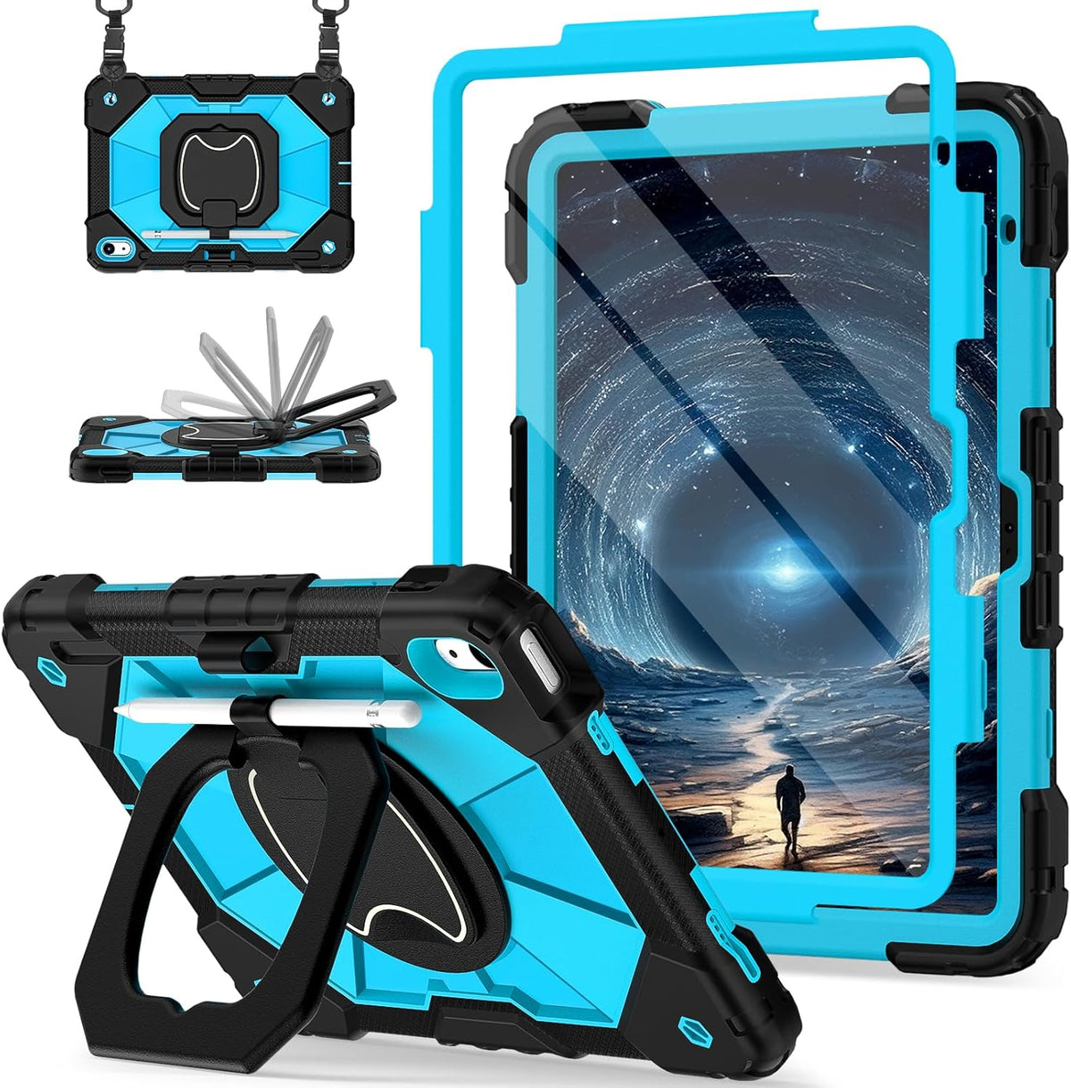 Case for iPad (A16) 11th Generation 11 Inch (2025) / iPad 10th Generation Case 10.9 Inch (2022) with 360° Rotating Stand Screen Protector Pen Holder Shoulder Strap, Black Blue