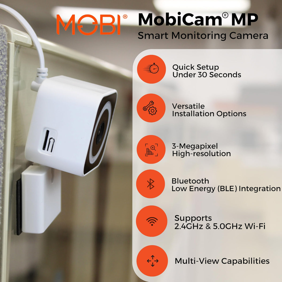 MobiCam MP Smart Home/Office Camera with 3MP Resolution, 2-Way Audio, Night Vision, 30-Second Setup, Dual WiFi (2.4GHz & 5GHz), BLE Connectivity
