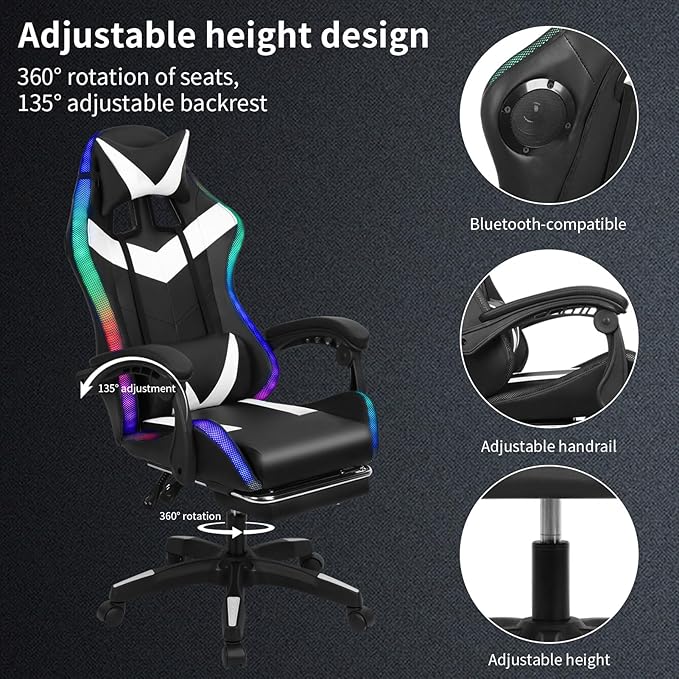 Gaming Chair Computer Chair with Footrest and Massage Lumbar Support Racing Executive Ergonomic Adjustable Swivel Task Chairs with Headrest and Lumbar Support (Black)