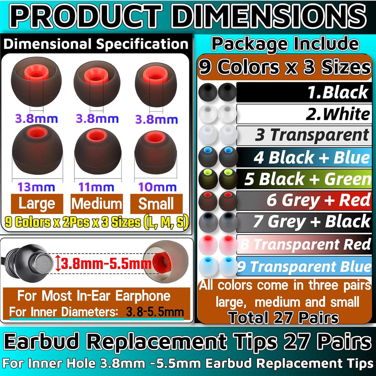 HuGuWdy 54Pcs 3.8mm -5.1mm) 27 Earbud Replacement TipsEar Bud Rubber Tips Silicone Earbud Tips Earbud Covers Silicone