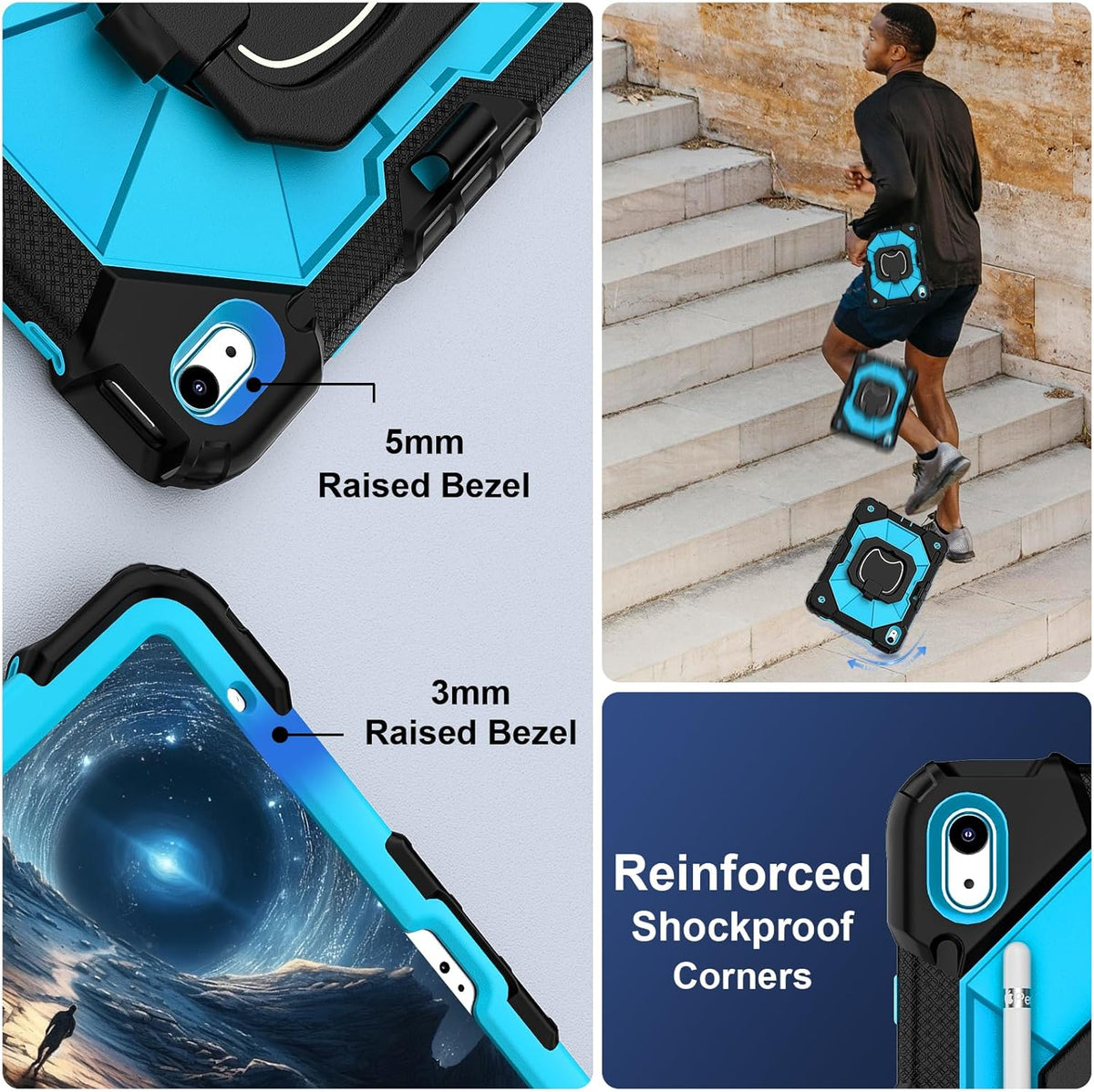 Case for iPad (A16) 11th Generation 11 Inch (2025) / iPad 10th Generation Case 10.9 Inch (2022) with 360° Rotating Stand Screen Protector Pen Holder Shoulder Strap, Black Blue