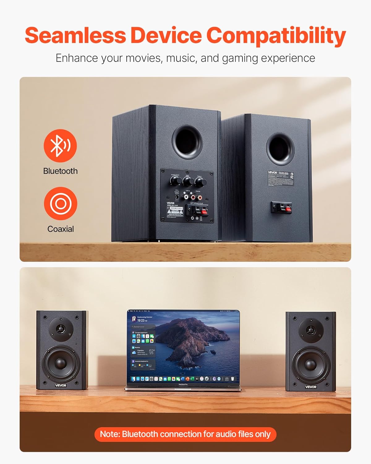 VEVOR Powered Bookshelf Speakers, 20W x 2, Active Studio Monitor Speaker with 4 Inch Woofer, Adjustable Volume and Audio with Bluetooth Optical Connection, Wooden Enclosure, for Record Player PC TV