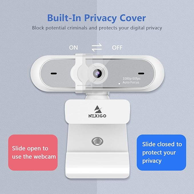 NexiGo N660P 1080P 60FPS Webcam with Software Control Dual Microphone &amp Cover Autofocus HD USB Computer Web Camera for OBS/Zoom/Skype/FaceTime/Teams/Twitch White