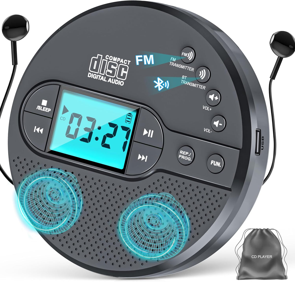 AFU 2000mAh 3.5mm MP3 Portable CD Player with Rechargeable Battery-Bluetooth Connect CD Player with Headphones Jack,FM