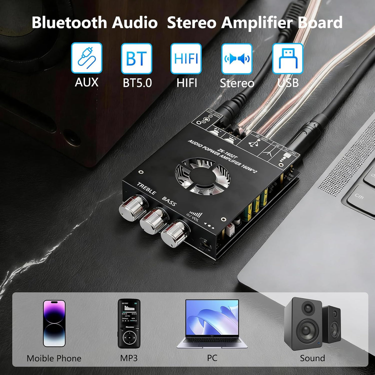 Generic 5.0 Board,160 2W 2.1 15-36 Bluetooth Audio Stereo Amplifier * HiFi Channel Mini Amp Module with Treble & Bass