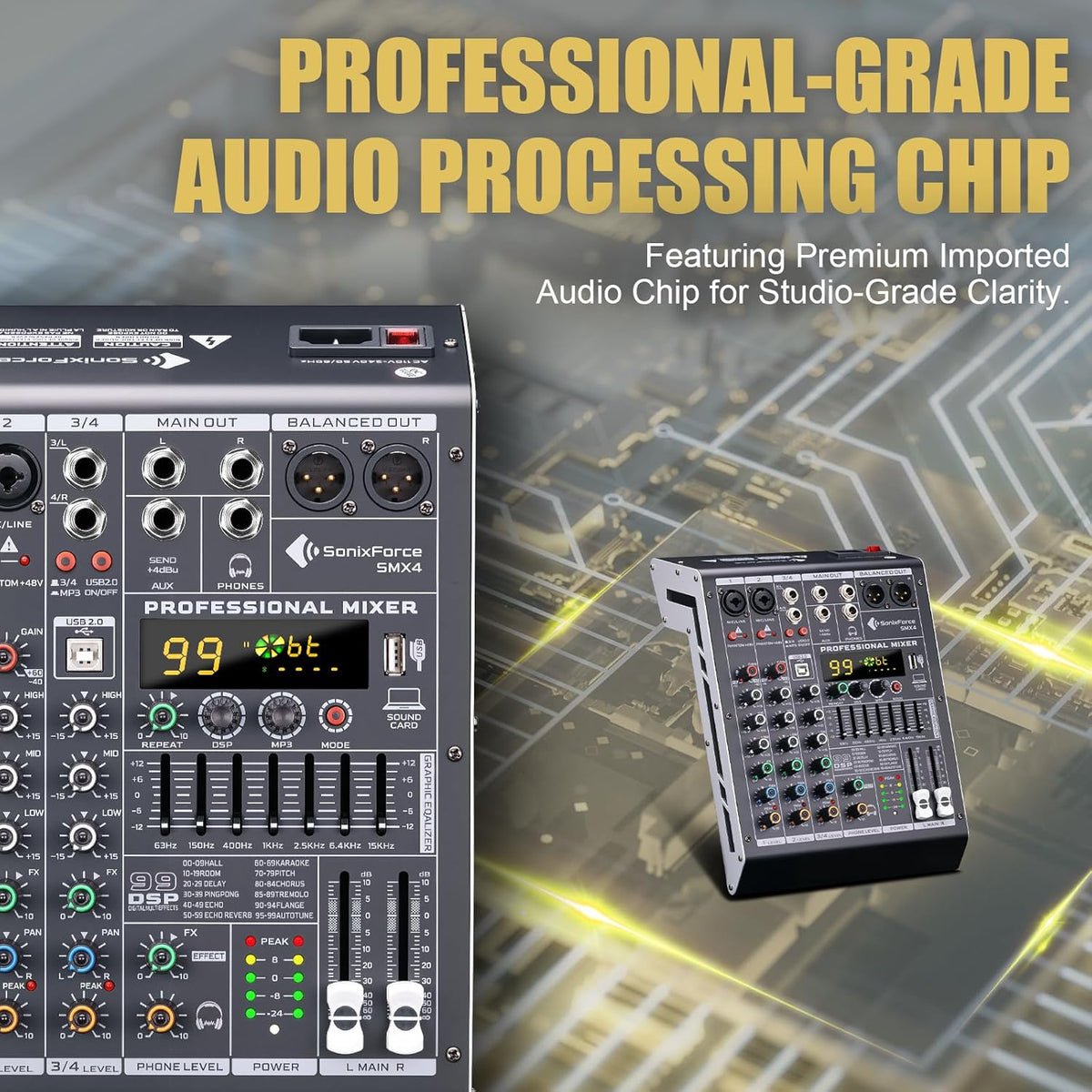 Professional Audio Mixer 4 Channel Sound Board Console System 99 DSP DJ Mixer 48V Phantom for Karaoke DJ Studio Streaming Recording
