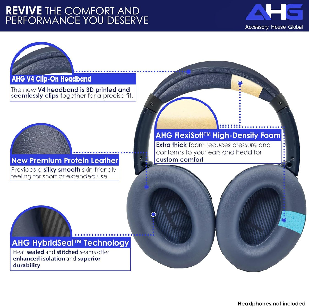 AHG QC35 earpads / QC35 ii Headband pad Cushion kit. Compatible w/Bose QuietComfort 35 ii / QC35 Headphones (MNB). Premium Headband Design | Seamless DIY Assembly | Superior Comfort and Durability