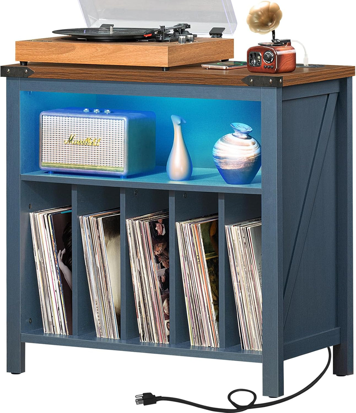 Large Record Player Stand with Charging Station & LED Lights, Vinyl Records Storage Holder Cabinet Holds up to 230 Albums, Turntable Stand for Music Room, Bedroom, Living Room, Office (Blue)