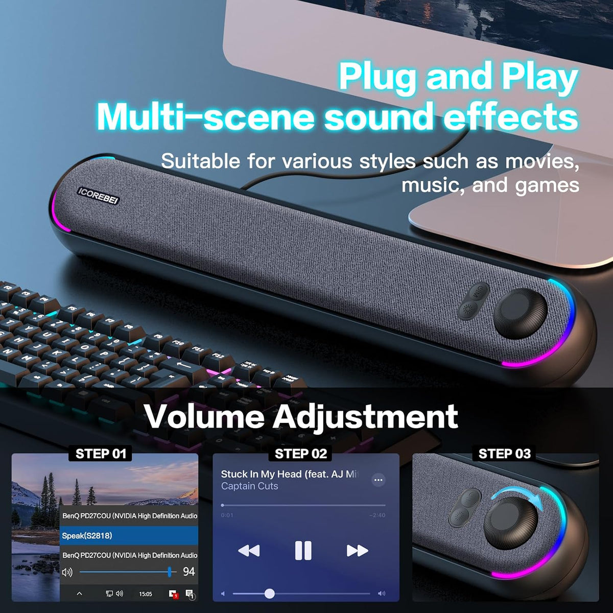 ICOREBEI Desktop computer speaker, soundbar, compatible with Mac, desktop, laptop, tablet, monitor, PC, and mobile
