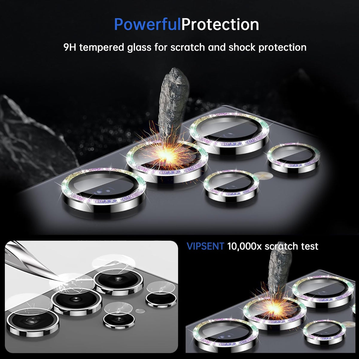 For Samsung Galaxy S25 Ultra Camera Lens Protector, Individual Lens Protector, Ultra HD 9H Tempered Glass Screen Protective Cover, Anti-scratch, Military Grade Drop Protection 2 Set. (Glitter Colorful, S25 Ultra)